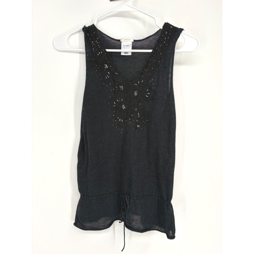 Old Navy Tank Top Womens S Black Perfect Fit Beaded Floral‎ Embroidered Peplum